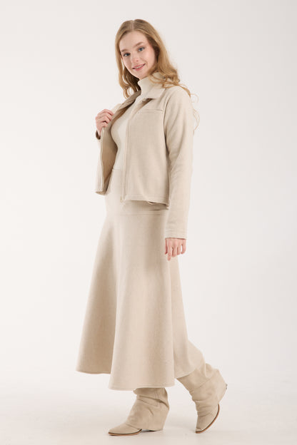 2 Parça Set Tam Fermuarlı Kısa Ceket ve Kloş Uzun Etek
