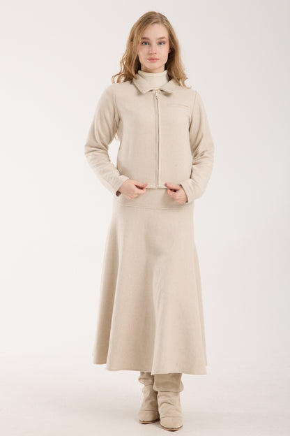 2 Parça Set Tam Fermuarlı Kısa Ceket ve Kloş Uzun Etek