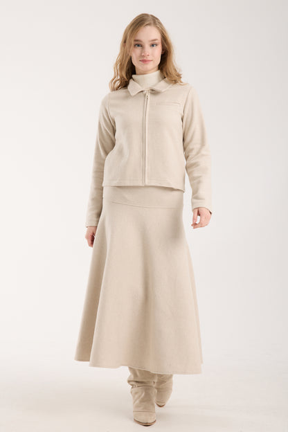 3 Parça Set Katlanabilir Balıkçı Yaka Üst & Kısa Ceket & Kloş Uzun Etek