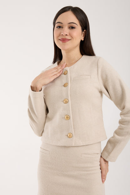 2 Parça Set Düğmeli Plaketli Kısa Ceket & Kloş Etek Uçlu Mini Etek