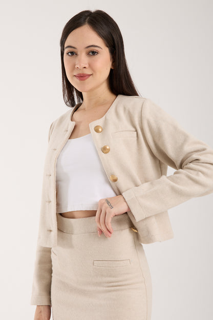 2 Parça Set Düğmeli Plaketli Kısa Ceket & Kloş Etek Uçlu Mini Etek