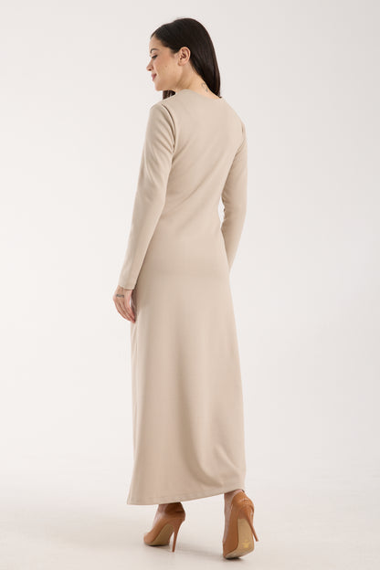 Yan Büzgülü Geniş Omuzlu Midi Elbise