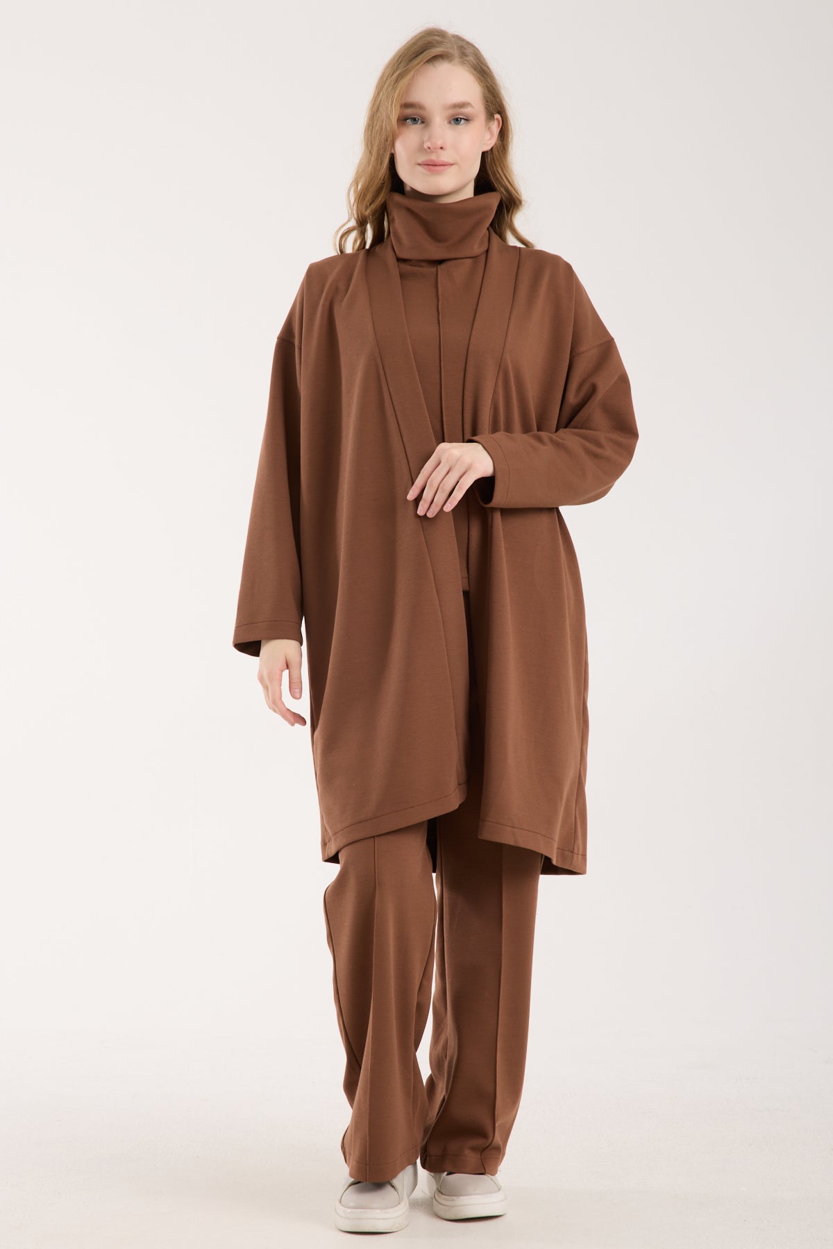 Şal Yaka Hırka & Yırtmaç Detaylı Üst & Yüksek Bel Düz Kesim Pantolon