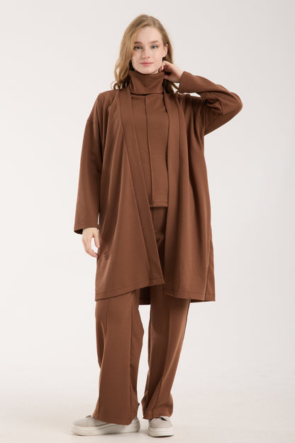 Şal Yaka Hırka & Yırtmaç Detaylı Üst & Yüksek Bel Düz Kesim Pantolon