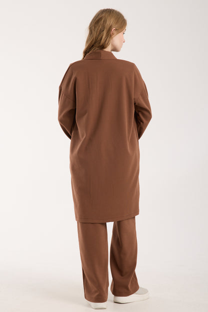 Şal Yaka Hırka & Yırtmaç Detaylı Üst & Yüksek Bel Düz Kesim Pantolon