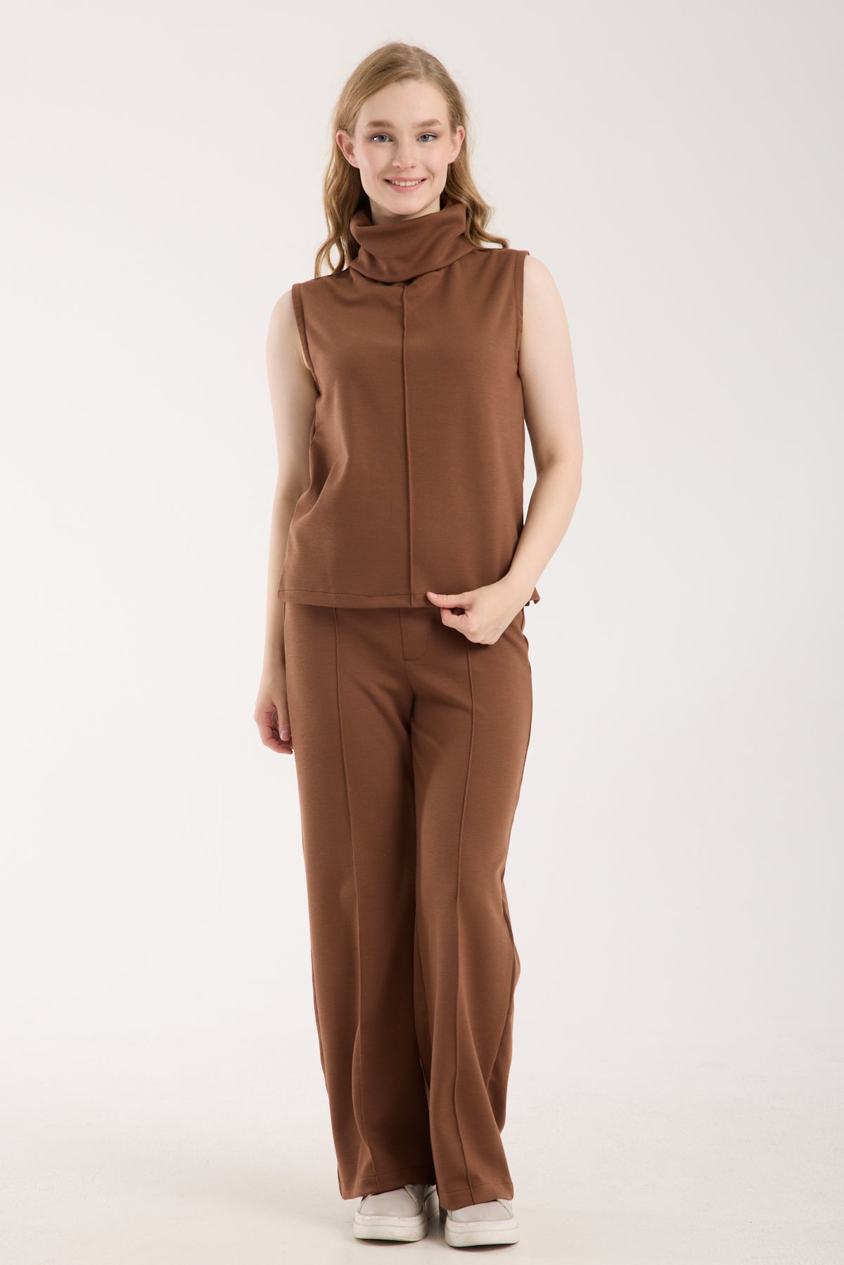 2'li Takım Yırtmaç Detaylı Üst & Yüksek Bel Düz Kesim Pantolon