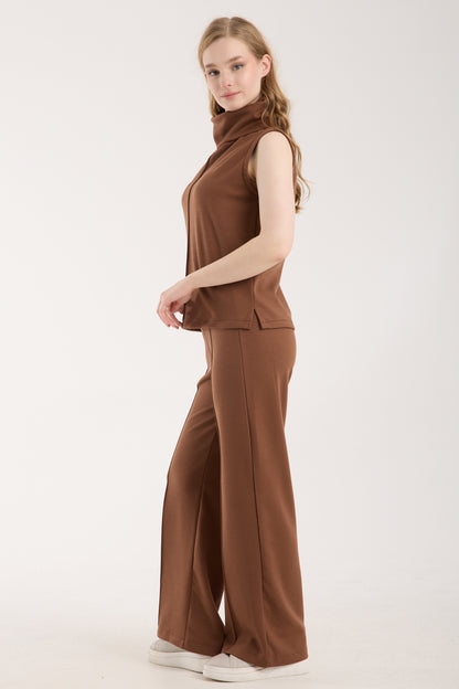 2'li Takım Yırtmaç Detaylı Üst & Yüksek Bel Düz Kesim Pantolon