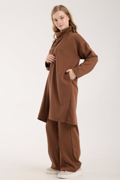 Şal Yaka Hırka & Yırtmaç Detaylı Üst & Yüksek Bel Düz Kesim Pantolon