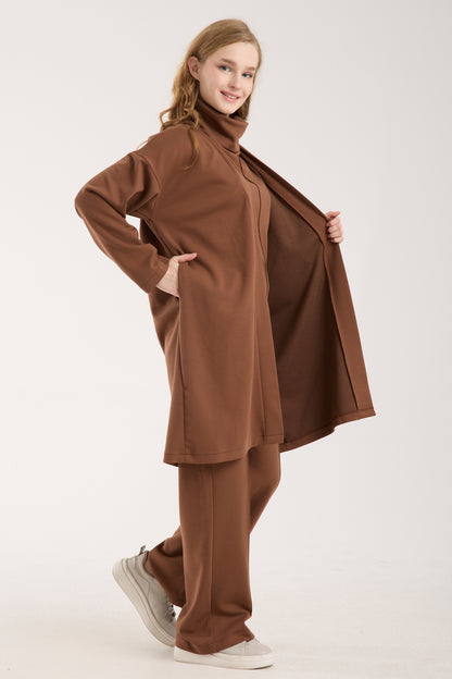 Şal Yaka Hırka & Yırtmaç Detaylı Üst & Yüksek Bel Düz Kesim Pantolon