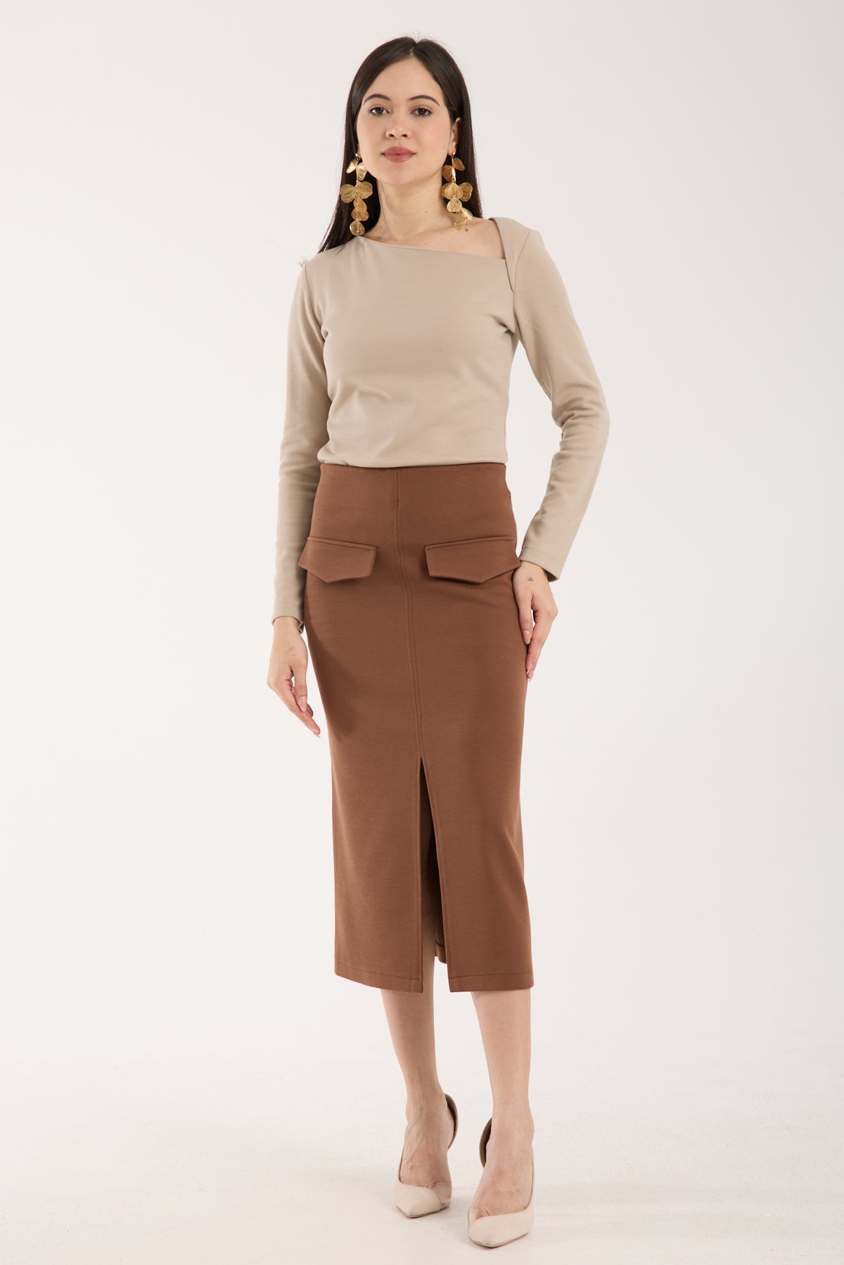 Cep Detaylı Önden Yırtmaçlı Kalem Etek