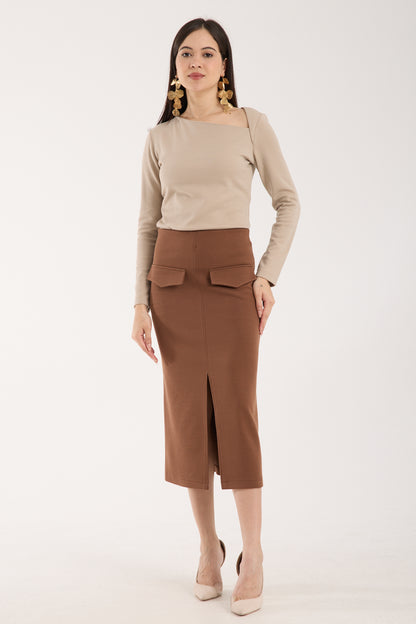 Cep Detaylı Önden Yırtmaçlı Kalem Etek