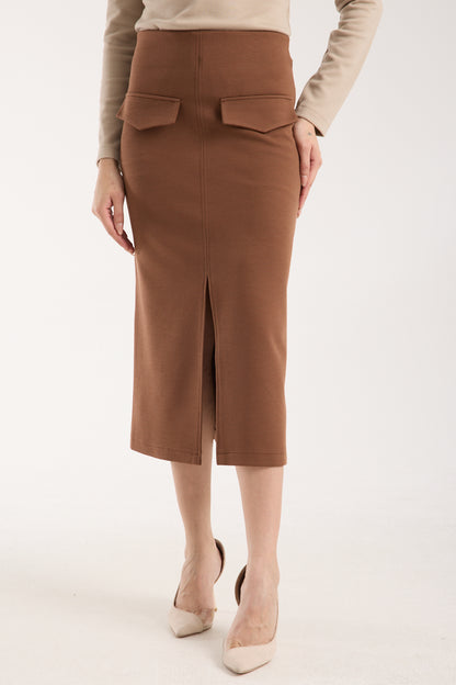 Cep Detaylı Önden Yırtmaçlı Kalem Etek