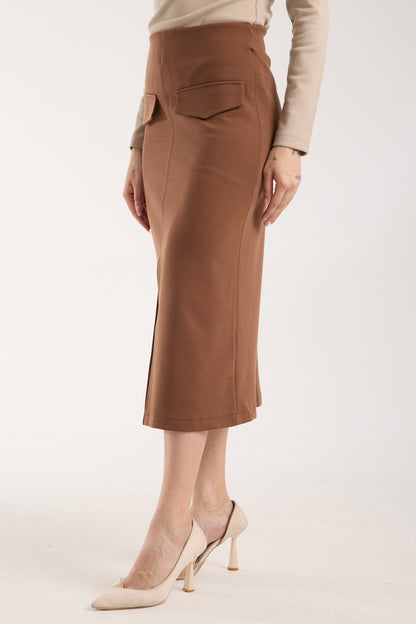 Cep Detaylı Önden Yırtmaçlı Kalem Etek