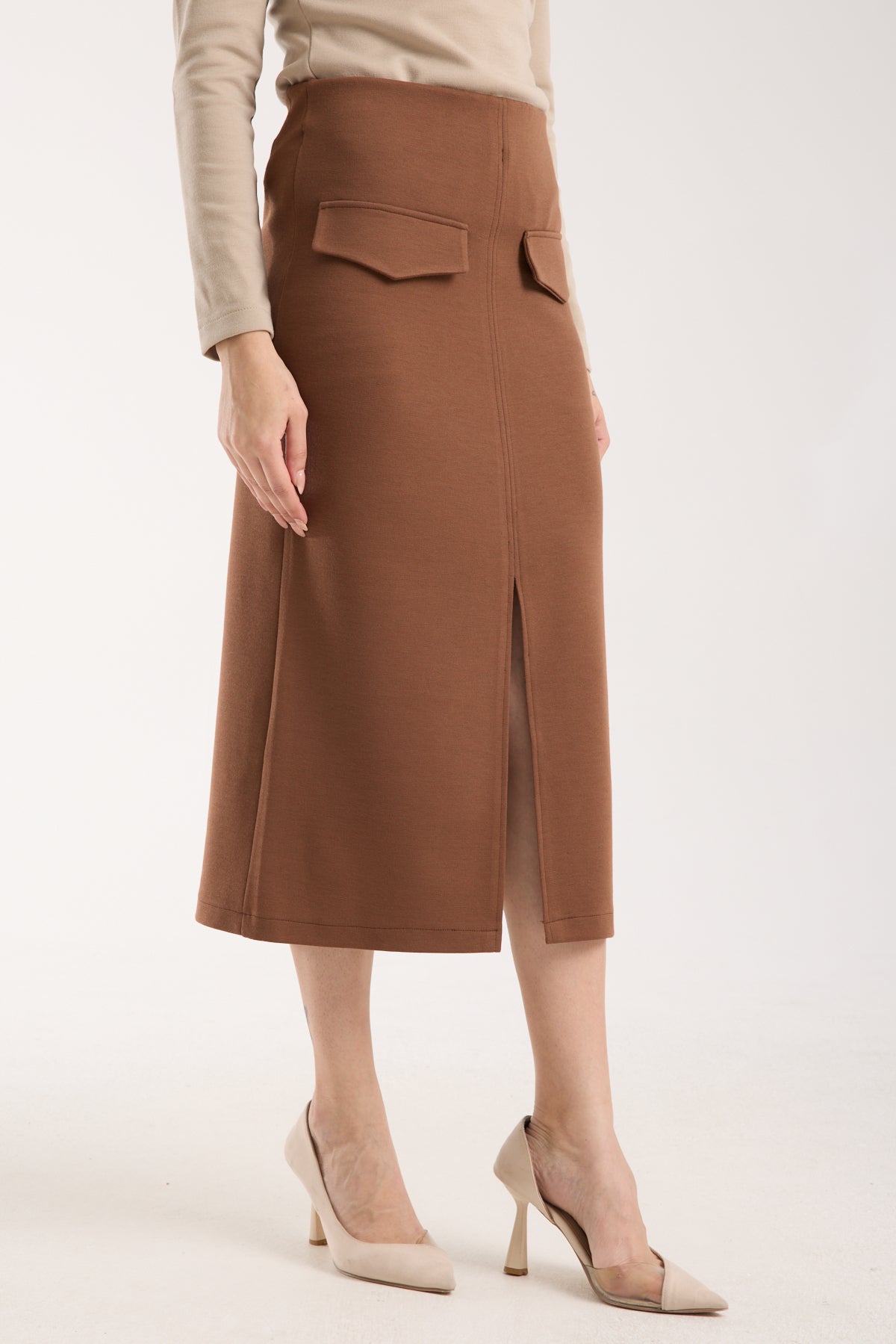 Cep Detaylı Önden Yırtmaçlı Kalem Etek