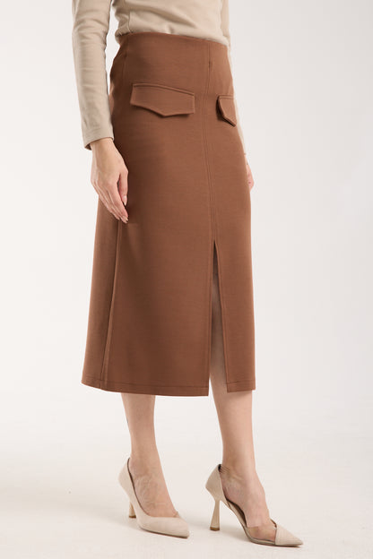 Cep Detaylı Önden Yırtmaçlı Kalem Etek