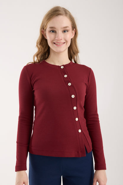 Asimetrik Düğme Detaylı Brami Üst