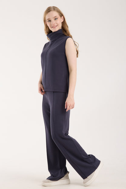 2'li Modal Takım Yırtmaç Detaylı Üst & Yüksek Bel Düz Kesim Pantolon