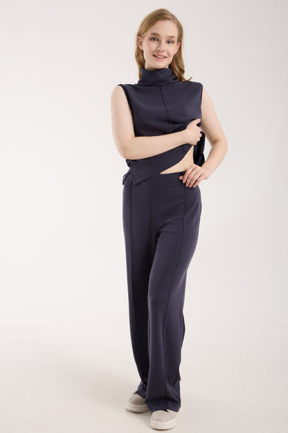 2'li Modal Takım Yırtmaç Detaylı Üst & Yüksek Bel Düz Kesim Pantolon