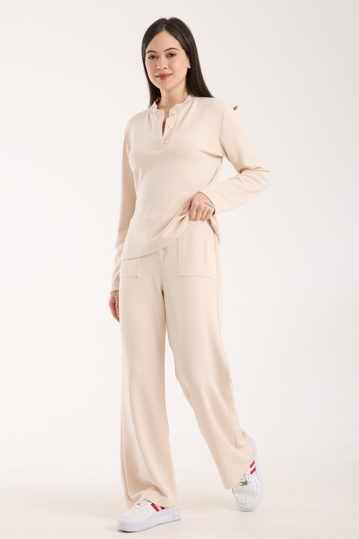 2 Parça Set Düğmeli Henley Bralet Üst & Düğmeli Cepli Pantolon