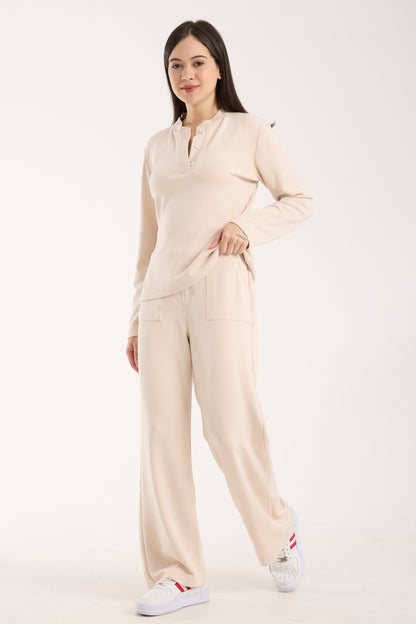 2 Parça Set Düğmeli Henley Bralet Üst & Düğmeli Cepli Pantolon