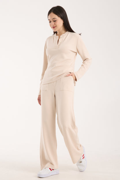 2 Parça Set Düğmeli Henley Bralet Üst & Düğmeli Cepli Pantolon