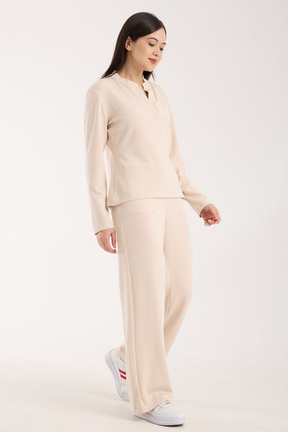 2 Parça Set Düğmeli Henley Bralet Üst & Düğmeli Cepli Pantolon