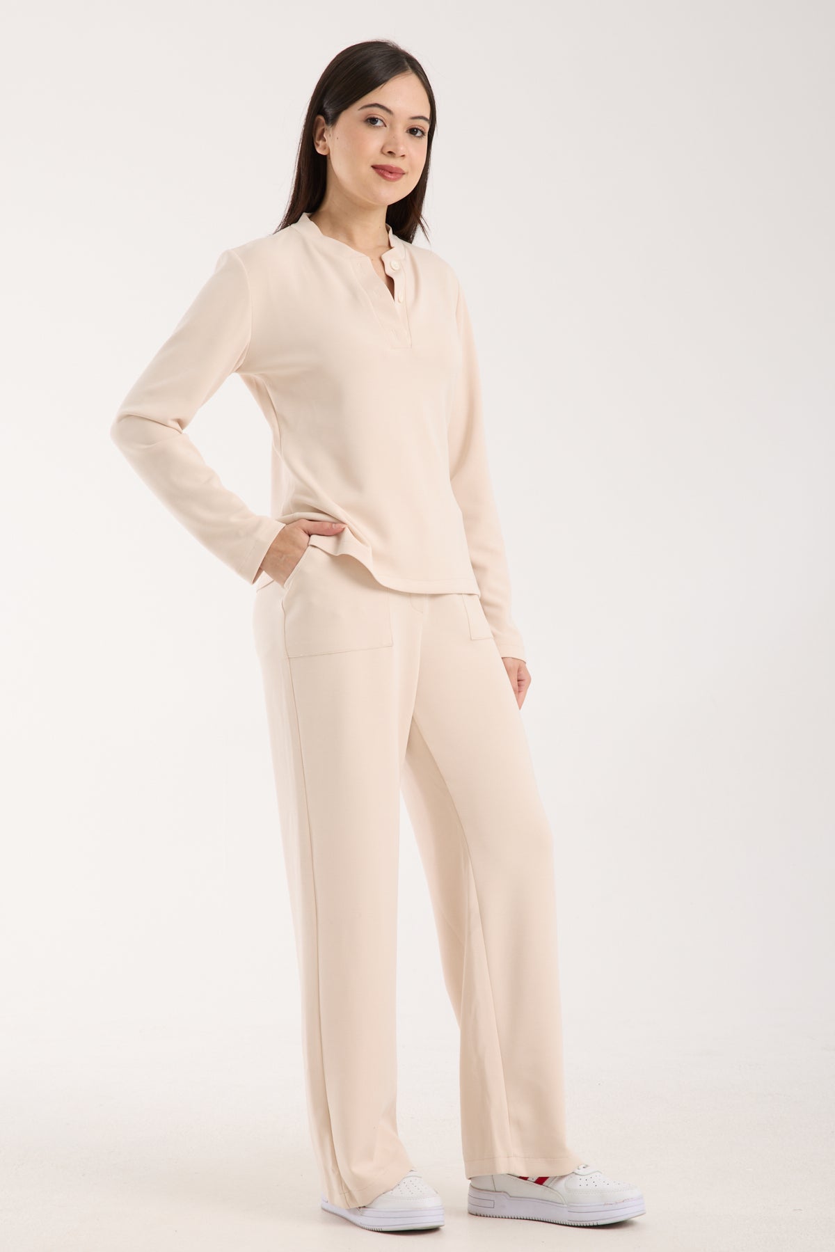 2 Parça Set Düğmeli Henley Bralet Üst & Düğmeli Cepli Pantolon