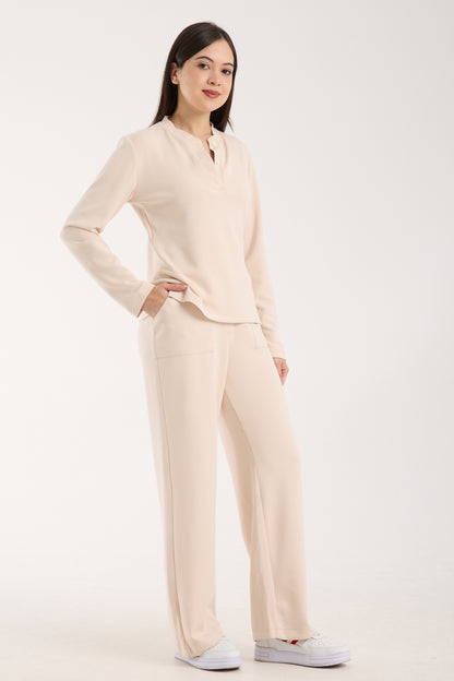 2 Parça Set Düğmeli Henley Bralet Üst & Düğmeli Cepli Pantolon