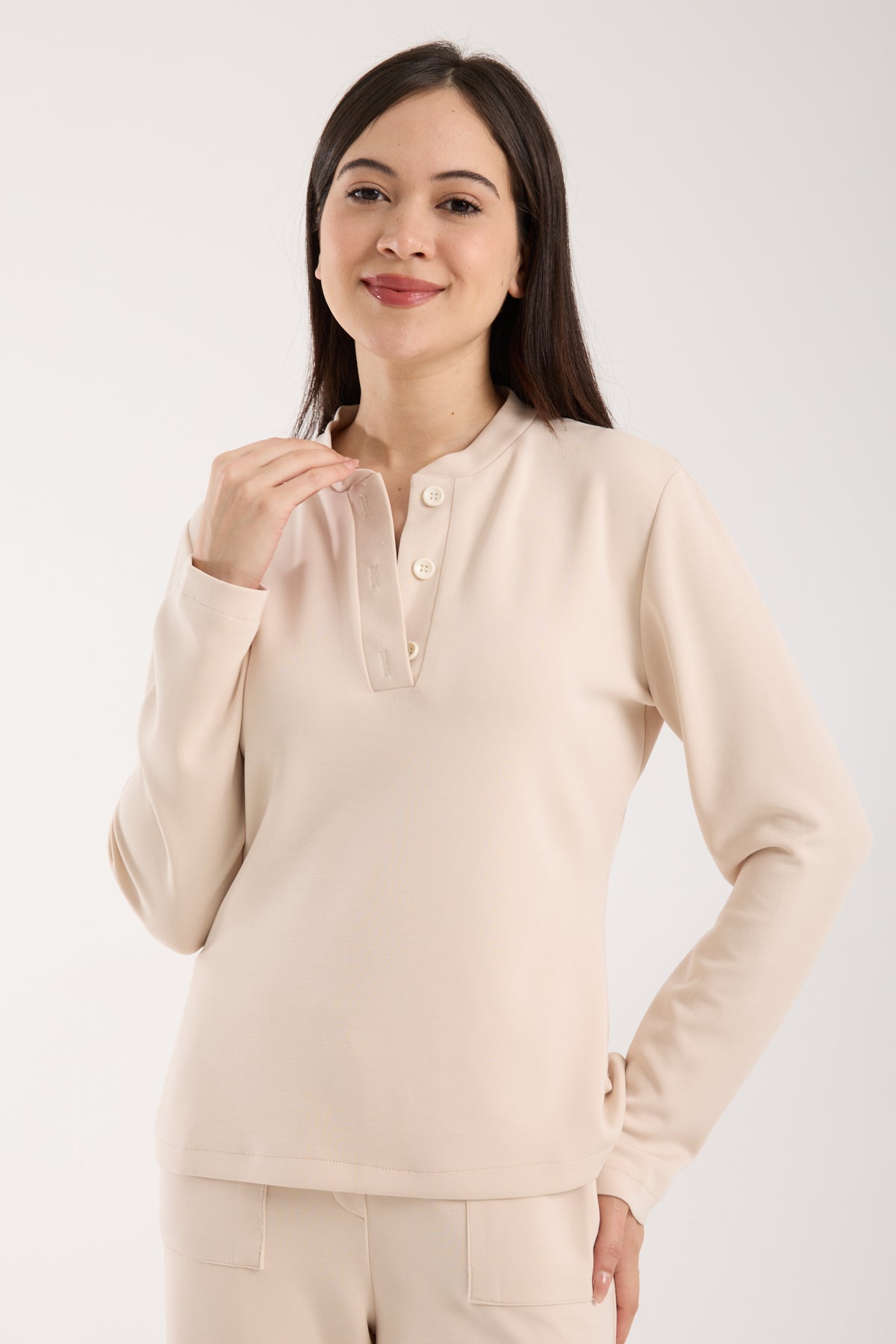 2 Parça Set Düğmeli Henley Bralet Üst & Düğmeli Cepli Pantolon