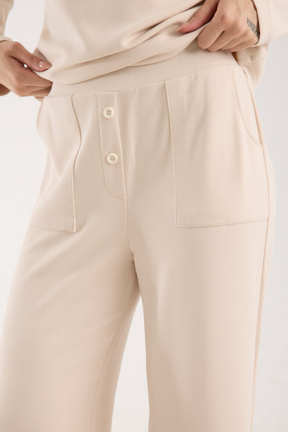 2 Parça Set Düğmeli Henley Bralet Üst & Düğmeli Cepli Pantolon